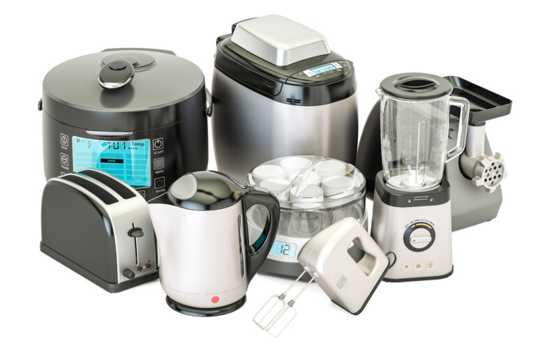 Set of kitchen home appliances. Toaster, kettle, mixer, blender, "yogurt maker", multicooker, grinder, bread machine, 3D rendering isolated on white background